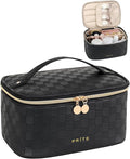 Prite Makeup Bag, Large Capacity Portable Travel Cosmetic Bag, Waterproof Makeup Organizer for Women with Handle and Divider (001 Checkered Black)