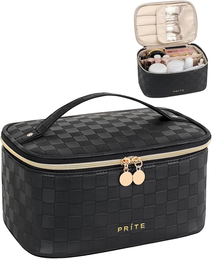 Prite Makeup Bag, Large Capacity Portable Travel Cosmetic Bag, Waterproof Makeup Organizer for Women with Handle and Divider (001 Checkered Black)