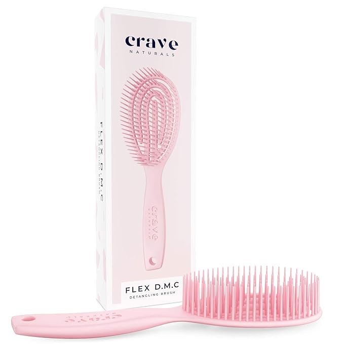 Crave Naturals FLEX DMC Detangling Brush for Natural Textured Hair - Flexible Hair Brush Detangler for Curly, Frizzy, Thick Hair - ROUND (Plastic)