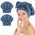 SUNLAND Large Microfiber Hair Drying Caps with Bow knot Fast Drying Shower Cap Soft and Absorbent hairWrap Hair Turban Bath Caps for Curly Thick and wet Hair 11 X 13.4 inch 2 Pack Dark Blue