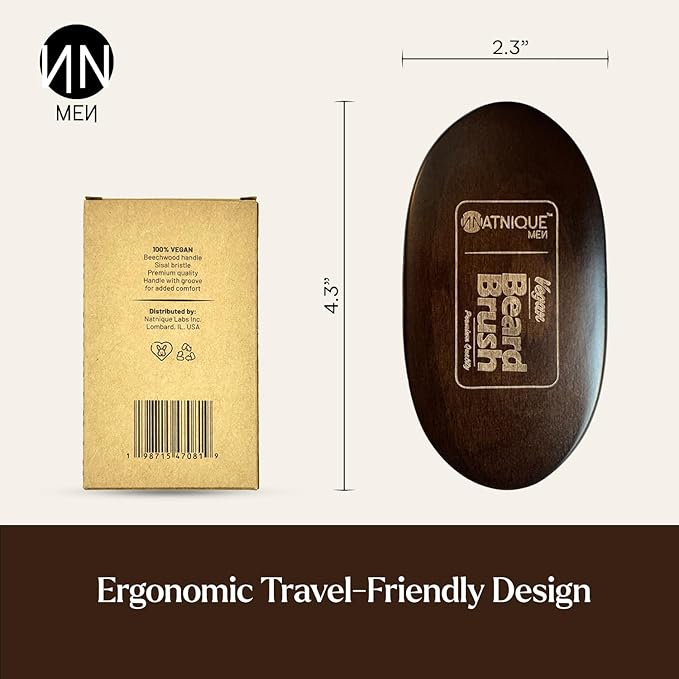 Natnique Vegan Beard Brush for Men, 100% Sisal Plant Bristles, Ergonomic Design with Natural Beachwood Handle - Men's Beard & Mustache Brush – 100% Natural, Non-Synthetic, Cruelty Free