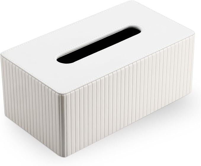 KINGFOM PU Leather Tissue Box Cover Rectangular Tissue Box Holder with Magnetic Bottom, Napkin & Facial Tissue Holder Dispenser for Home, Office for Standard 120-count/160-count (2-Ply) White Stripe