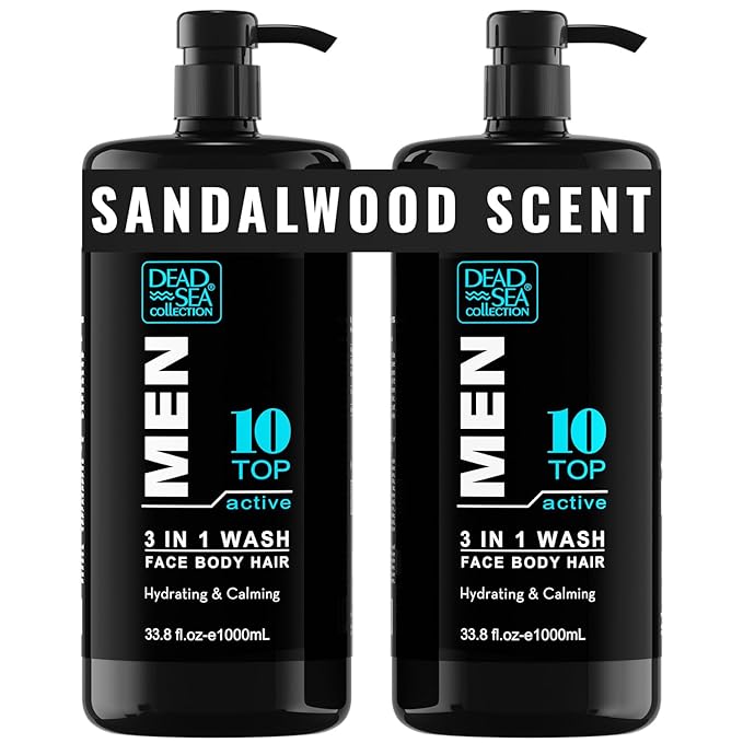 Dead Sea Collection Mens Body Wash TOP 10 ACTIVE – 3 in 1 Body Wash for Men for Hair, Face & Body – Moisturizing Shower Gel with Dead Sea Minerals – Pack of 2 (33.8 fl oz each)