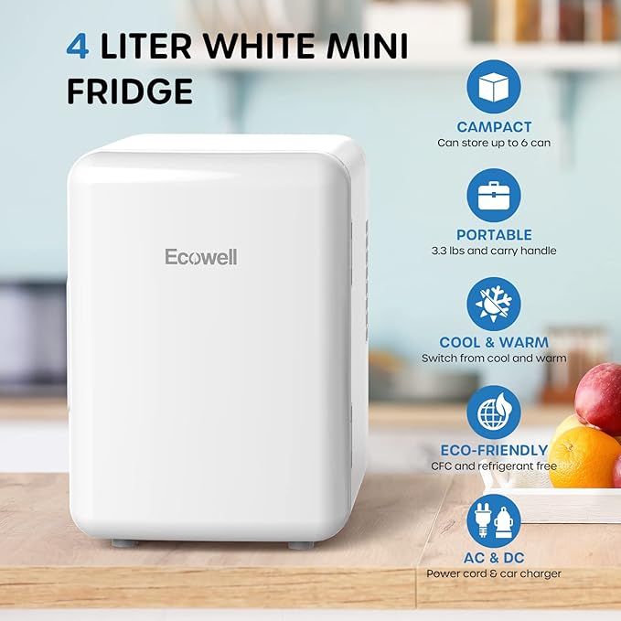 Ecowell WRE100 Mini Bedroom, 4L/6 Can Skincare Fridge, AC/DC Portable Compact Small Refrigerator for Office Dorm Car Desk for Skin Care Makeup Cosmetic, White