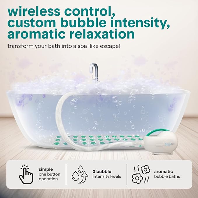 SereneLife Bubble Bath Mat - Portable Spa Bubble Bath Massager with Waterproof Bath Light & Pillow, Adjustable Bubble Intensity, Easy Button Control, Remote Control
