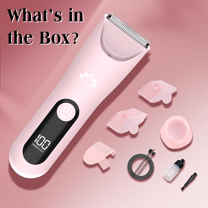 Bikini Trimmer for Women,Cordless Pubic Hair Trimmer,IPX7 Waterproof & LED Display Ladies Electric Razors Body Hair Trimmers for Underarm Leg Arm,Gifts Pink