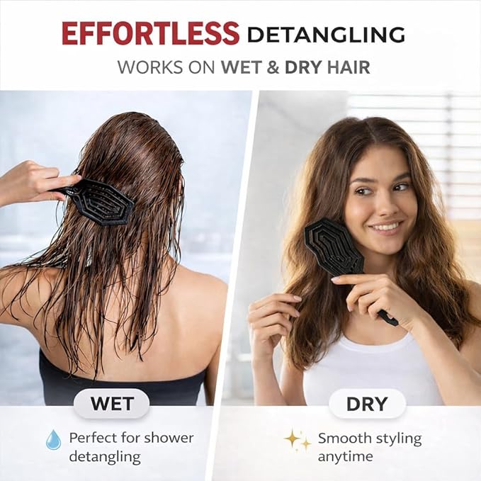 Fiora Naturals Hair Detangling Brush for Women - Detangler Hair Brush w/Flexible Soft Bristles- Gently Glides Through Tangles - Curly, Fine, Dry and Shower Wet HairBrush, cepillo para cabello - Black