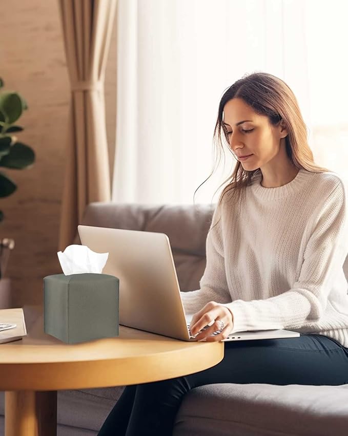 Tissue Box Cover Tissue Holder – Square Leather Tissue Cover Box with Bottom Belt [JESMINI, Dark Grey] Decorative Tissue Box Holder for Bathroom/Night Stands/Office