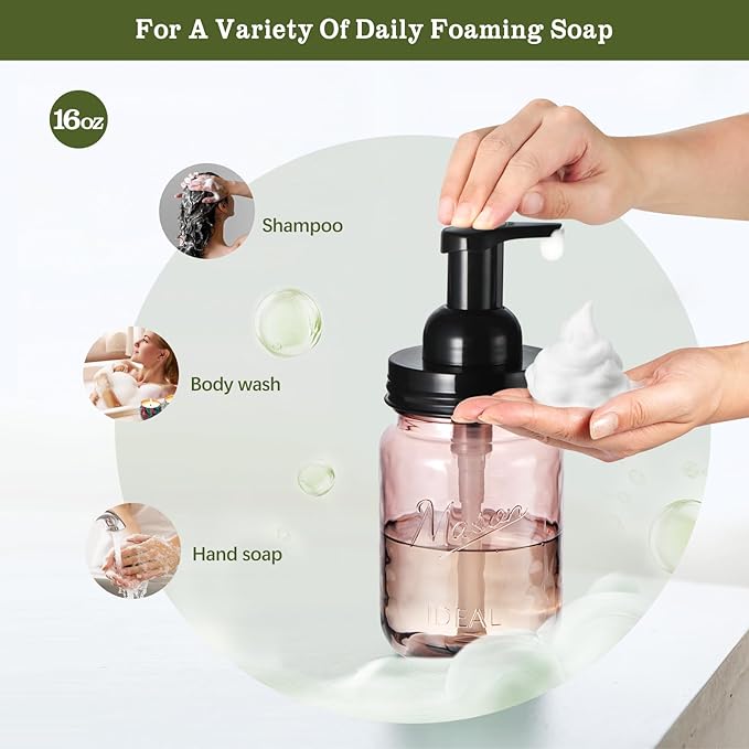 Amolliar Plastic Foaming Soap Dispenser with Pump Lid, 16Oz Refillable Foam Hand Soap Dispenser Set, Clear Dish Soap Bottles with Waterproof Lable for Farmhouse Kitchen Bathroom (2 Pack, Black)
