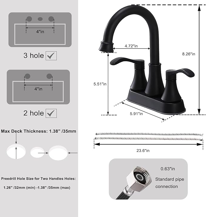 Matte Black Bathroom Sink Faucet, 2-Handle 4 Inch Centerset Lead-Free Modern Commercial, 360° Swivel High-Arc Spout Lavatory Vanity Faucets Set for Sink with Drain & Water Hoses, VALZST050B