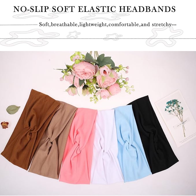 Kachanaa 6 Pcs Non-Slip Headbands for Women,Boho Hair Bands Soft Cross Elastic Head Bands Hair Accessories,Wear for Yoga Working Out Travel or Running