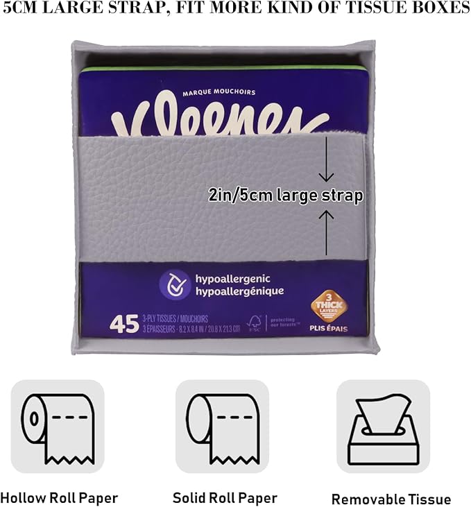 Tissue Box Cover Holder Square Tissue Cube Cover PU Leather Tissue Organizer with Bottom Belt for Bathroom, Tabletop, Car, Night Stands, Office, Home, Kitchen (1, Violet)