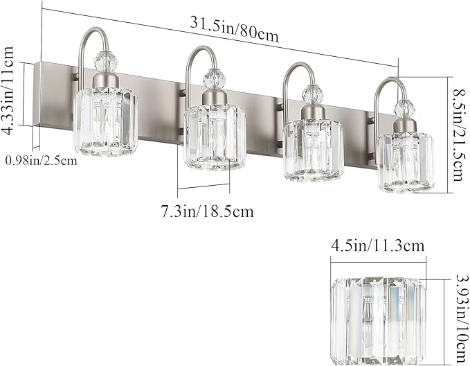 Ralbay 4-Light Crystal Vanity Light for Bathroom Brushed Nickel Modern Bathroom Light Fixtures