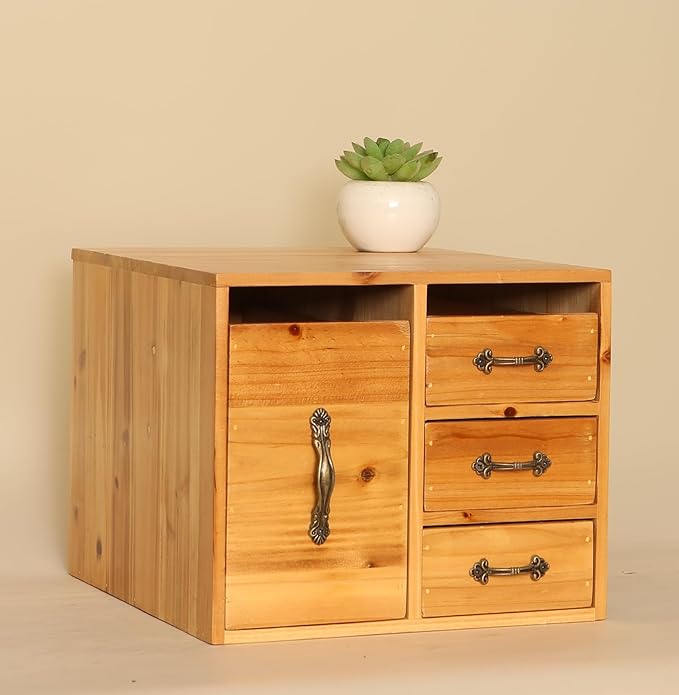 Rustic Beauty Organizer 4 Drawers - Wooden Cosmetic Storage Box for Neat & Home Office Desk &Organize &Storing of Makeup holder Tools,Bathroom Counter-top(Wood Color, L)