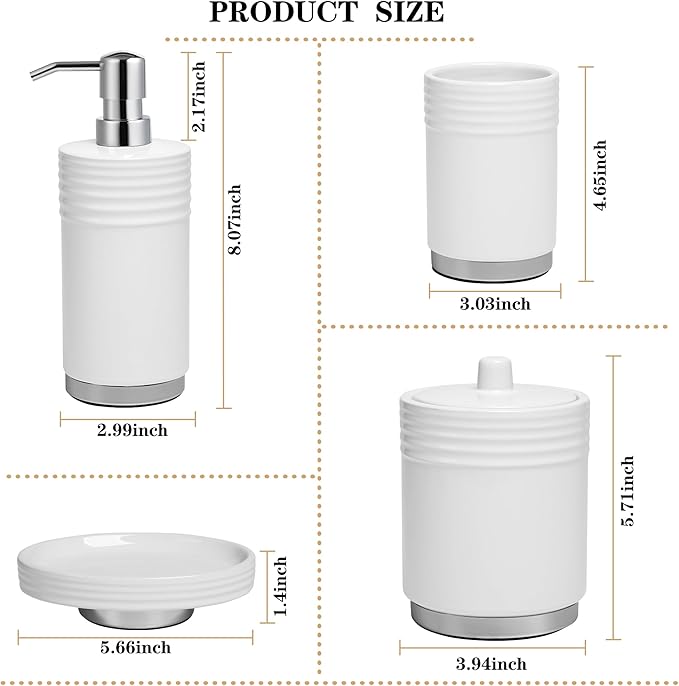 Bathroom Accessories Set 4 Pieces Ceramic Bathroom Accessory with Metal Base Set Contain Soap Dispenser Cotton Swab Jar Toothbrush Cup Soap Dish