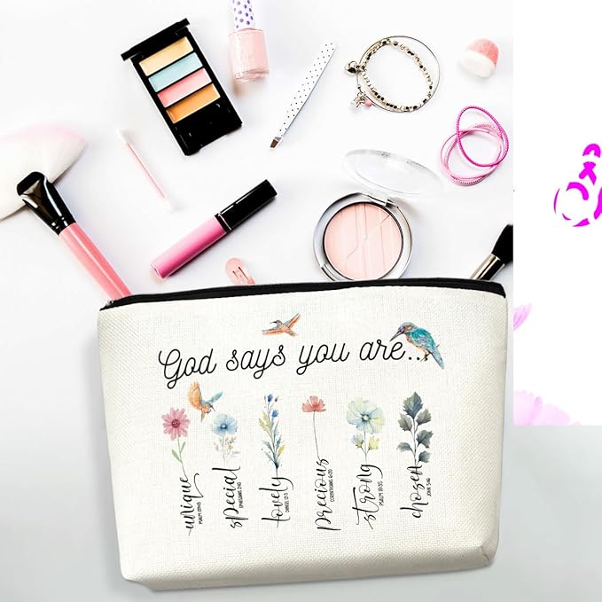 God Says You Are Makeup Bags,Inspirational Bible Verse Bag,Christian Gifts, Affirmations Gifts,Durable Canvas Travel Toiletry Organizer for Daily & Travel Use,Bible Verse Flower Bird Wash Bag for Her
