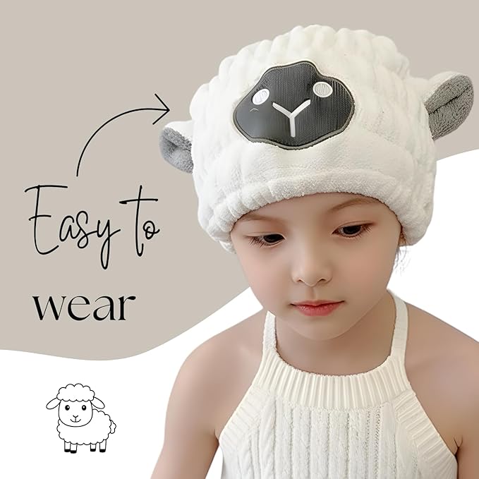 Microfiber Hair Towel Wrap for Kids, White Sheep Dry Hair Cap Suck Water, Absorbent Quick Girls Boys Hair Drying Towel, Lightweight Bouncy Hat Headscarf