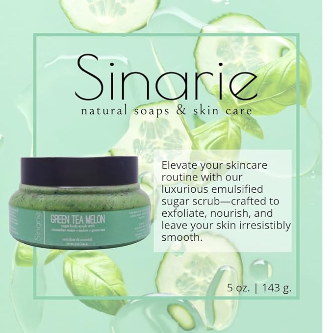 Exfoliating Sugar Scrub for Body – Hydrating Moisturizing Body Polish with Natural Oils – Gentle Spa Skincare for Smooth, Glowing Skin (5 oz., Green Tea Melon (Green Tea, Cucumber Water & Melon))