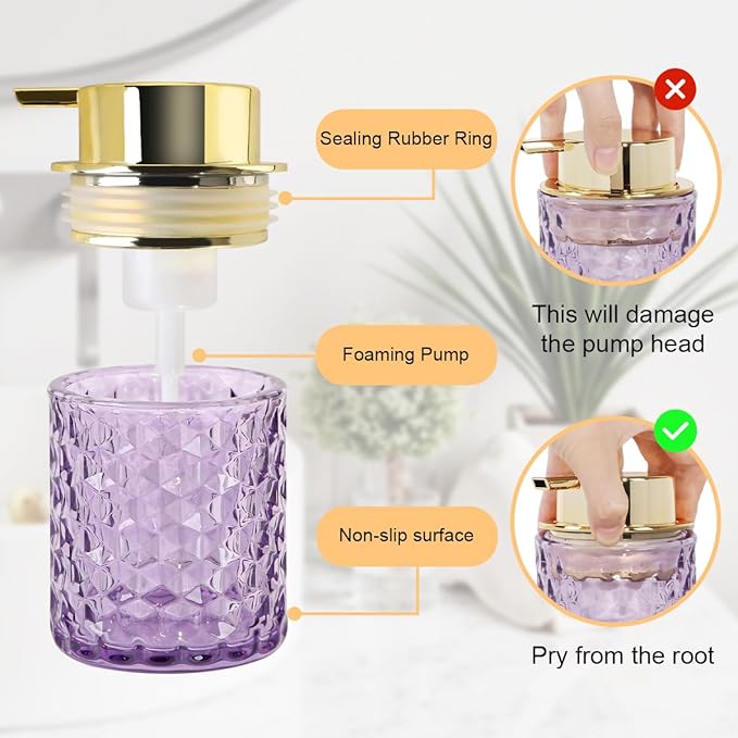 Purple Glass Foaming Soap Dispenser, Bathroom Refillable 10 Oz Foam Hand Soap Dispenser, Vintage Lotion Shampoo Container Gold Large Pump Bottle for Bathroom Countertop and Kitchen Decor