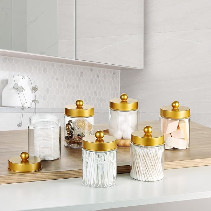 Amolliar Qtip Holder Dispenser -8oz Plastic Apothecary Jar Containers for Vanity Makeup Countertop Organizer Storage -Bathroom Canister Accessories Set for Cotton Swab, Ball, Pads, Floss-Gold (2)