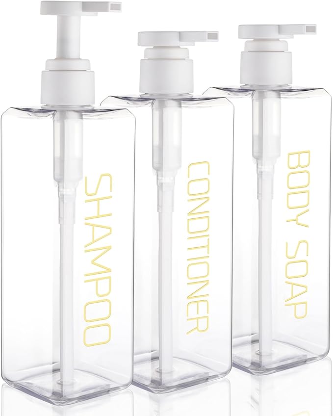 Shampoo and Conditioner Dispenser Shower Soap Bottles 3 Pack 550ml/18.6oz Refillable Shampoo Pump Bottle Dispenser Plastic Empty Body Wash Dispensers with Stylish Permanent Labels for Bathroom (Clear)