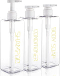 Shampoo and Conditioner Dispenser Shower Soap Bottles 3 Pack 550ml/18.6oz Refillable Shampoo Pump Bottle Dispenser Plastic Empty Body Wash Dispensers with Stylish Permanent Labels for Bathroom (Clear)