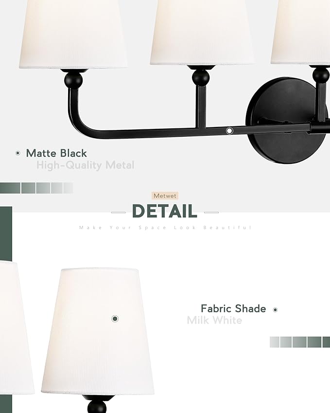 Bathroom Light Fixtures, 5 Light Matte Black Vanity Lights with Flared White Fabric Shade, 35 Inch Wall Sconce, Modern Sconces Wall Lighting for Hallway Bedroom, VL837-MB-5