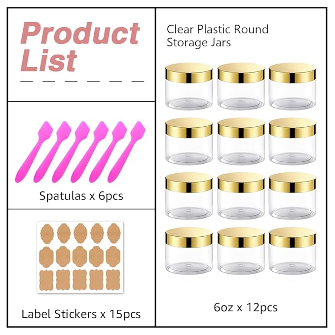 12 Pack 6 oz Plastic Cosmetic Containers With Gold Lids Refillable Clear Empty Travle Jars Containers for Body Butter,Sugar Scrubs,Cream,Lotions,Candy, Label&Spatulas