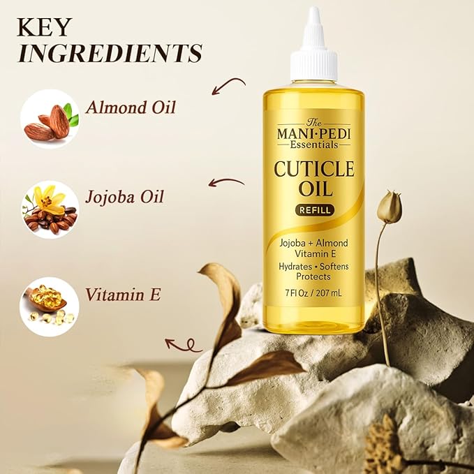Professional Cuticle Oil Refill/Bulk Pack with precision nozzle for easy refilling - 7 Fl Oz. Enriched with Jojoba Oil, Vitamin E & Sweet Almond Oil. Nail Tech Supplies for Nourished Nails & Cuticles
