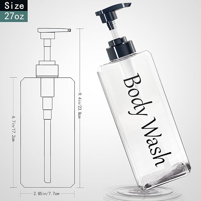 Shampoo and Conditioner Dispenser(Clear, Set of 3, 27oz)- Refillable & EmptyShampoo and Conditioner Bottles- Body Wash Dispenser Set-Modern Shampoo Bottles for Shower Soap