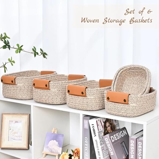 Storage Baskets for Organizing, Small Woven Basket Set of 6-4 Shelf Basket with Leather Handle and 2 Small Gift Baskets, Cotton Rope Basket for Shelves, Nursery, Dog Toy, Bathroom