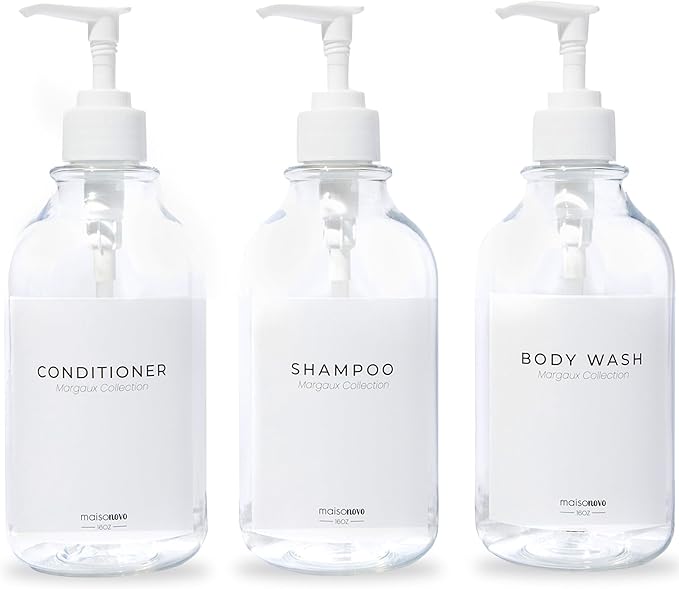 MaisoNovo Refillable Shampoo and Conditioner Bottles - 16.9 fl oz Set of 3 Clear Plastic Bottles White Pumps