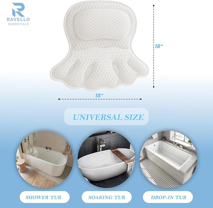 Bath Pillow for Tub | 4D Air Mesh Fabric - Plush Bathtub Pillow for Neck & Back Support, Hot Tub Pillow with 6 Non-Slip Suction Cups | Spa Pillow for Relaxation and Comfort (White).