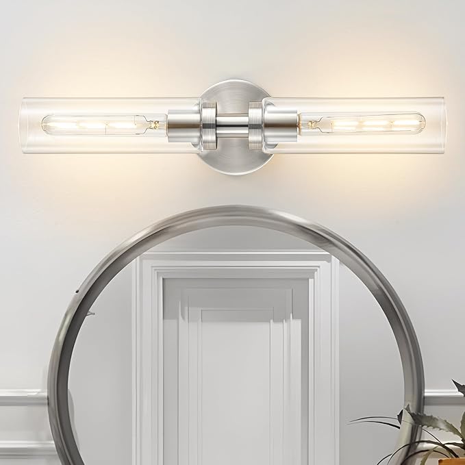 2 Light Bathroom Wall Sconces Set of 2,Modern Farmhouse Brushed Nickel Bathroom Light Fixture Over Mirror with Clear Glass Shade,Vanity Light for Hallway Cabinet Bedroom Stairway Porch