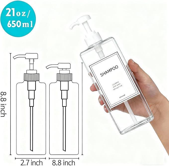 Modern Shampoo and Conditioner Dispenser (21 oz, Pack of 3) Refillable Pump Bottle Set Empty Shower Plastic Bottles with Pump for Bathroom Body Wash Soap and Shower