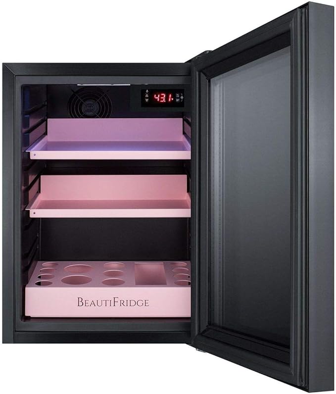 Summit Appliance LX114LPT1 BeautiFridge Compact Cosmetics Cooler, 0.85 cu.ft Capacity, 14" Wide, Automatic Defrost, LED lighting, Factory Installed Lock, Adjustable Shelves In A Matte Blush Finish