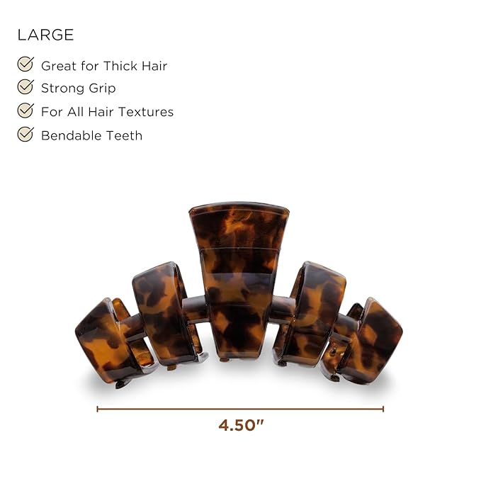 TELETIES - Large Hair Clip - Strong Grip, Bendable Teeth, Comfortable Curved Design - Ideal for Thick Hair - For All Hair Textures - Tortoise