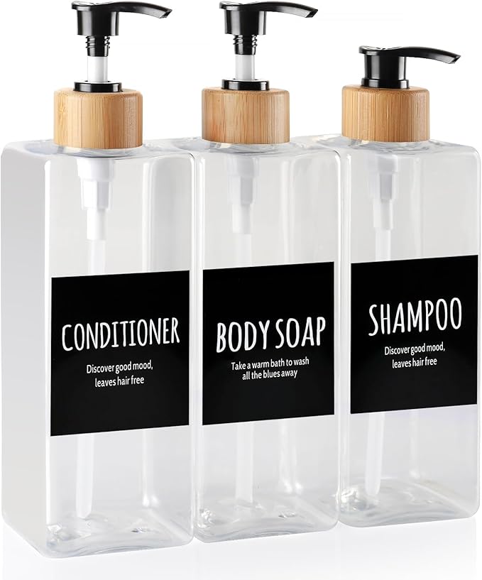 Shampoo and Conditioner Dispenser, Set of 3 16.9oz Refillable Shower Bottles Soap Dispenser with Waterproof Labels, Empty Plastic Bamboo Pump Body Wash Dispenser Set for Bathroom Hotel Tawny