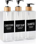 Shampoo and Conditioner Dispenser, Set of 3 16.9oz Refillable Shower Bottles Soap Dispenser with Waterproof Labels, Empty Plastic Bamboo Pump Body Wash Dispenser Set for Bathroom Hotel Tawny