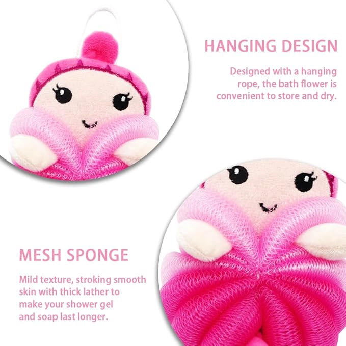 Bath Loofahs,Ttdesefu Kids Toddler Body Sponge Cute Cartoon Kids Loofah,Bath Sponge Shower Puff Soft Loofah Sponge Pouf Exfoliating Mesh Shower Ball (Animal，2 Pcs) (Dark Pink,Blue)