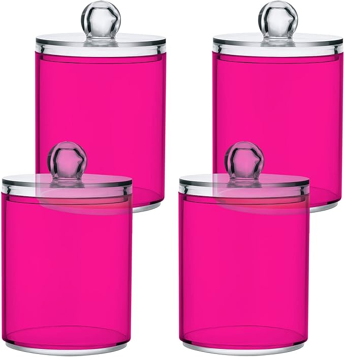 Deep Pink Qtip Holder Organizer Dispenser Cotton Swabs Cans Plastic Jars with Lid Set 4 Pack Bathroom Storage Canister for Cotton Ball Floss Cotton Pads