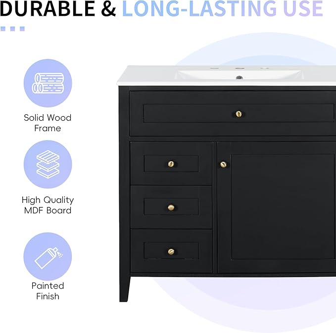 Harper & Bright Designs 36" Bathroom Vanity with Sink, Free Standing Vanity Set with 4 Drawers, Storage Racks, and Adjustable Shelf, Wood Bathroom Cabinet with Ceramic Basin for Bathroom, Black