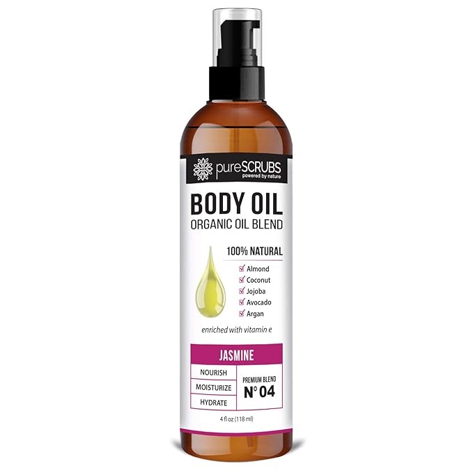 pureSCRUBS Ultra Moisturizing Jasmine Body Oil Spray for Dry Skin, Massage, Cuticles & More - Organic Super Blend of Jojoba, Argan, Coconut, Sweet Almond & Avocado Enriched with Vitamin E, Lg 4oz