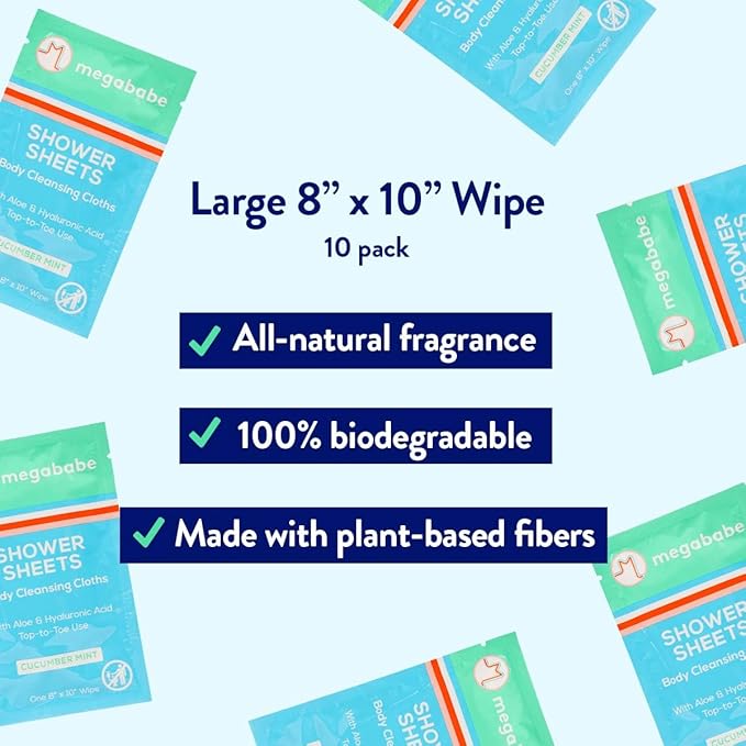 Megababe Cucumber Mint Shower Sheets | Spring Break Essential | Individually Wrapped Body Cleansing Cloths | 10 Wipes (Pack of 1)