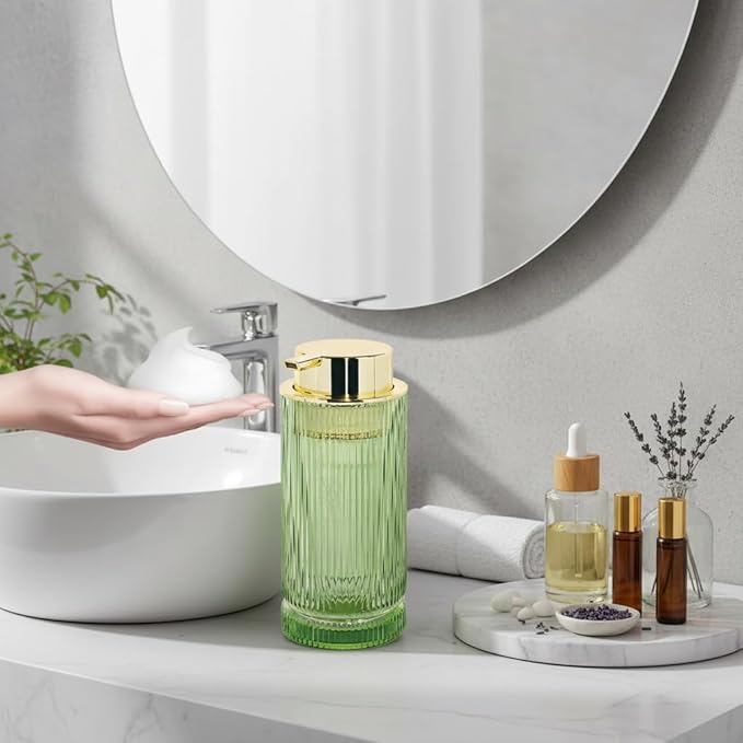 14 Oz Foaming Soap Dispenser, Green Glass Soap Dispenser, Refillable Foam Pump Bottle Lotion Container with Gold Pump, Decorative Slim Ribbed Bottle for Bathroom and Kitchen Decor