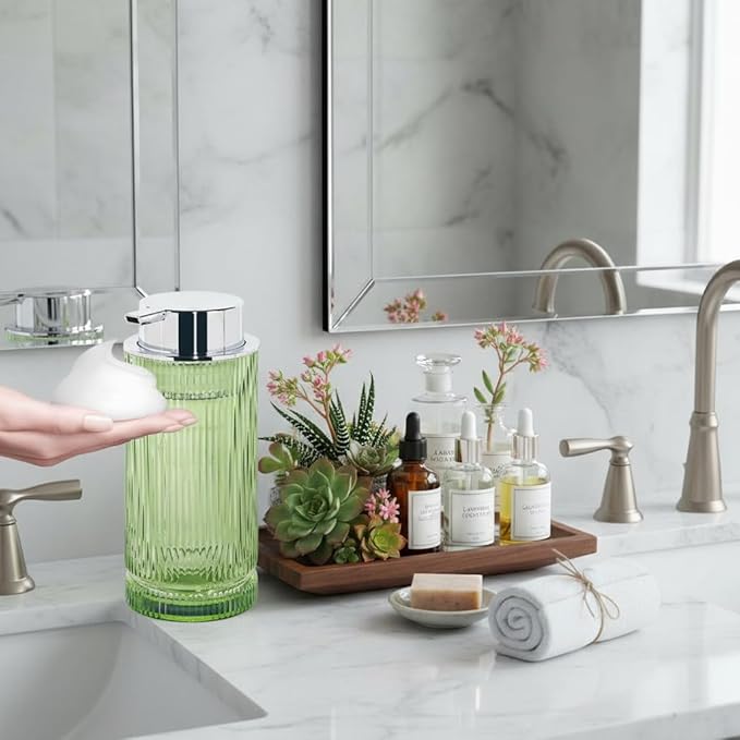 14 Oz Foaming Soap Dispenser, Green Glass Soap Dispenser, Refillable Foam Pump Bottle Lotion Container with Silver Pump, Decorative Slim Ribbed Bottle for Bathroom and Kitchen Decor
