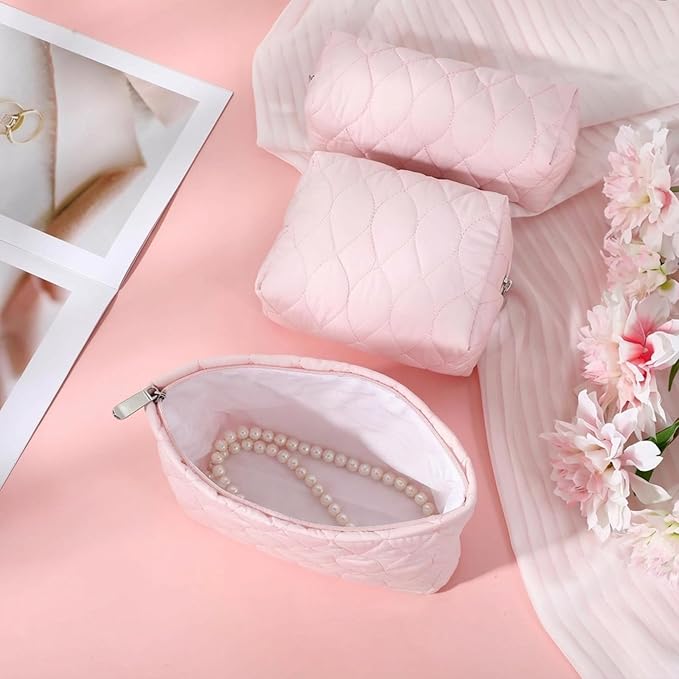 3 Pcs Puffy Makeup Bag Quilted Cosmetic Pouch for Women Cute Water drop Travel Toiletry Bag Puffer Makeup Organizer Purse Pouch Preppy Pencil Case with Zipper(Light Pink)