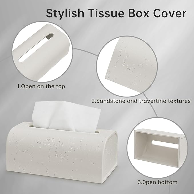 Tissue Box Cover Rectangle, Resin Decorative Facial Tissue Holder Covers Toilet Paper Holder Travertine Stone Look Paper Dispenser Home Decor for Bathroom Bedroom Living Room Office - Off White