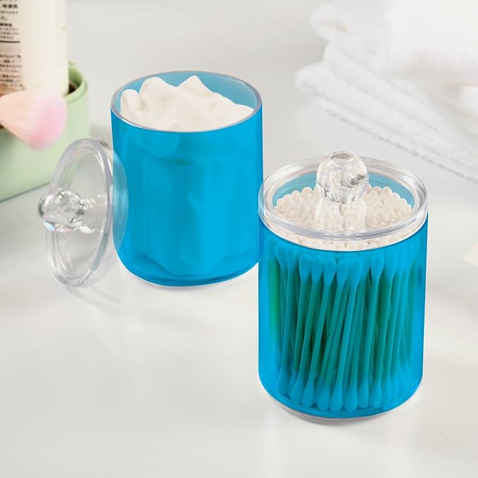 Sky Blue Qtip Holder Organizer Dispenser Cotton Swabs Cans Plastic Jars with Lid Set 2 Pack Bathroom Storage Canister for Cotton Ball Floss Cotton Pads