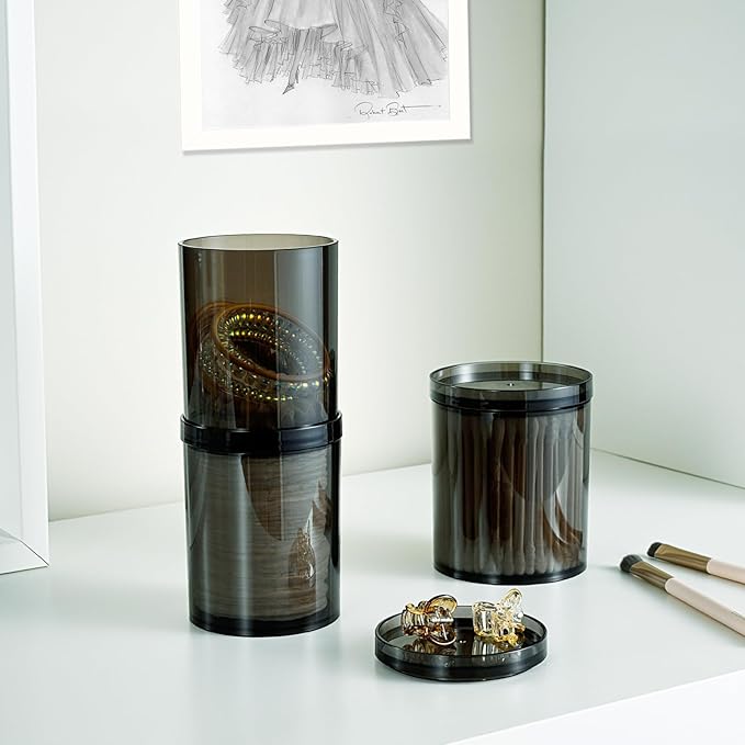 SheeChung 4-Pack Black Stackable Apothecary Jars - (10oz & 12oz) Mixed Sizes Qtip Holder - Modern Industrial Bathroom Accessories Decor with Storage Lids - Translucent Black
